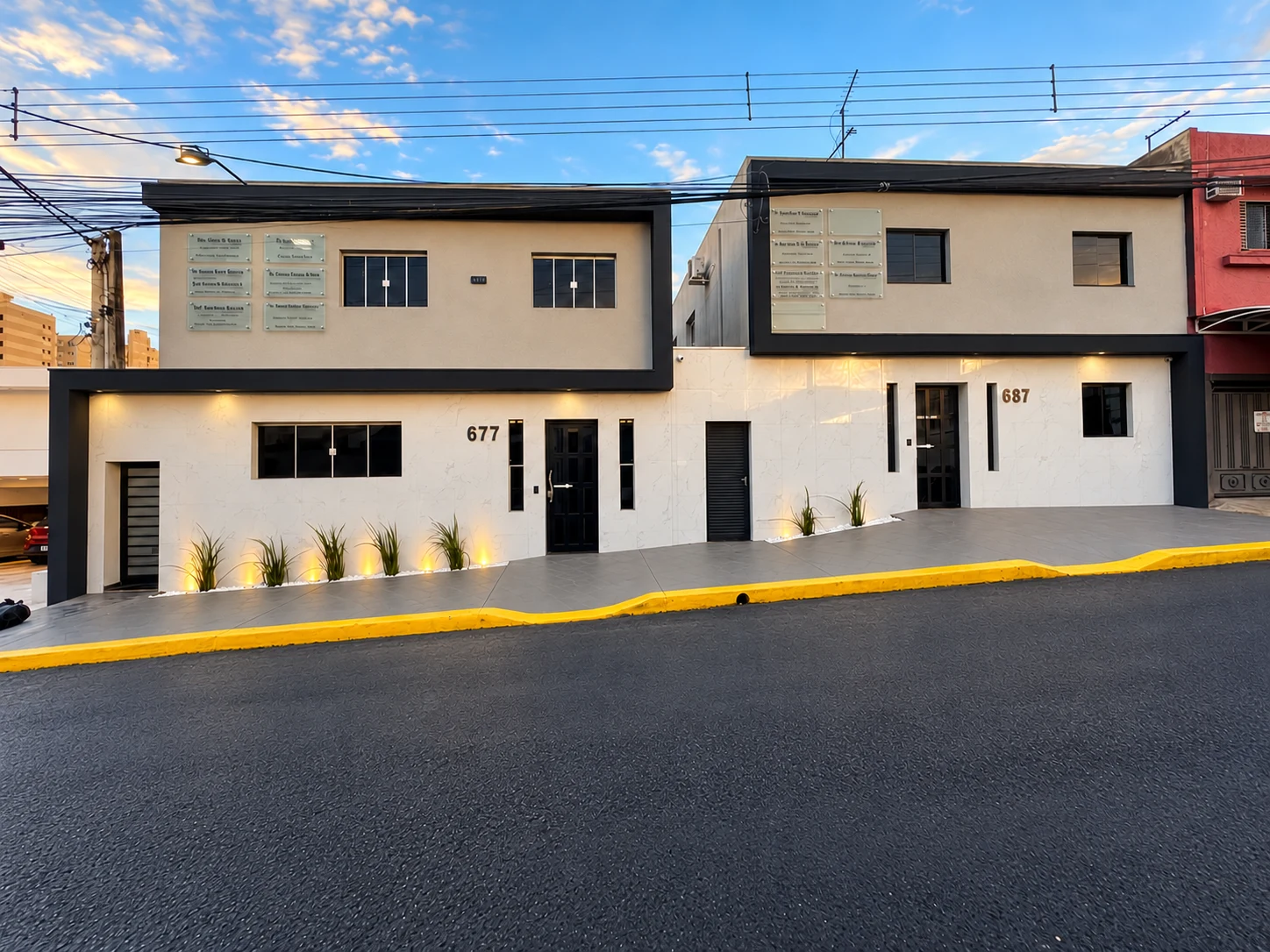 Fachada da Clínica Avelli ao entardecer; entrada número 677 à esquerda